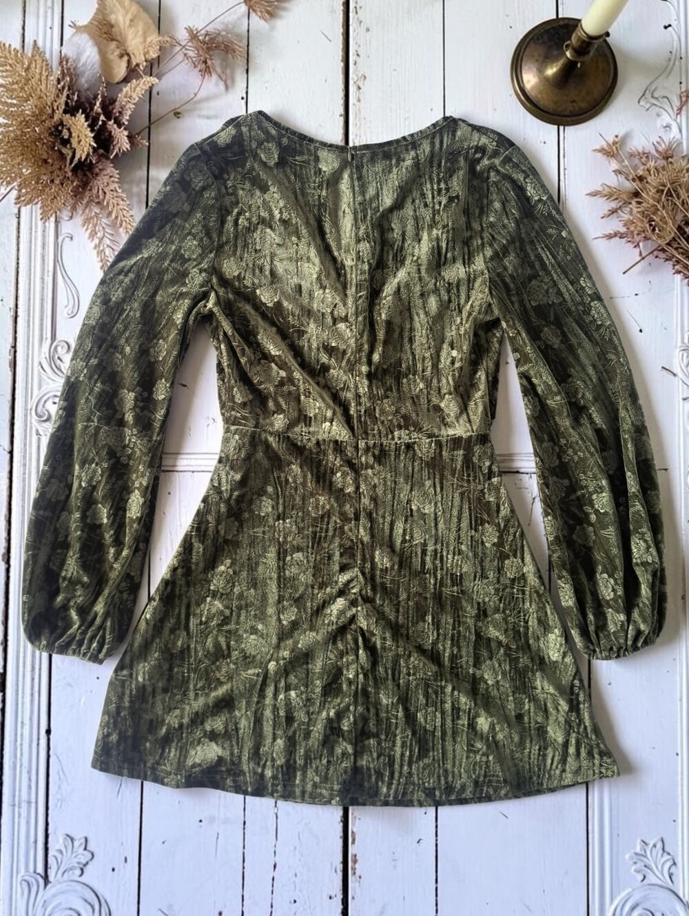Cider Olive Velvet Floral Rose Long-Sleeve V-Neck Bohemian Whimsigoth Mini Dress - Picture 3 of 15